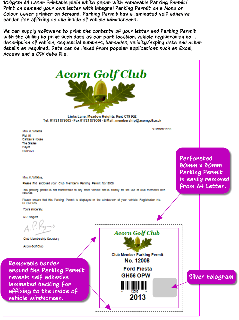 A4 Laser Printable Parking Permits,Laser Printable Parking Permits,Parking Permits for affixing to the inside of windcreens