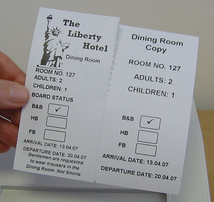 Hotel Dining Room 2 Part Tickets,2 Part Restaurant Ticket